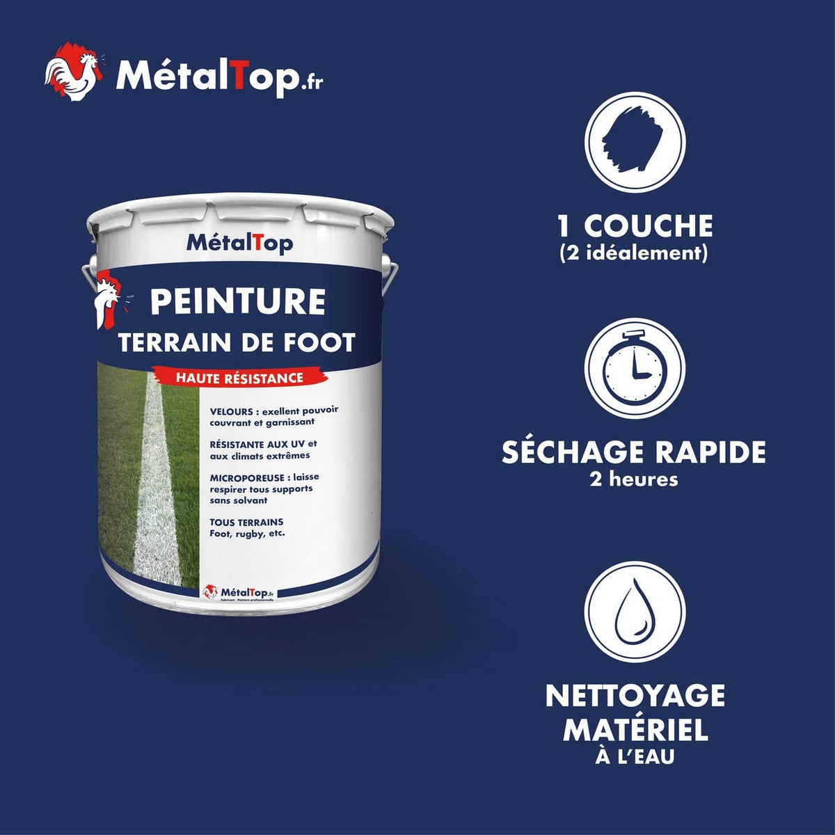 Pot de peinture MétalTop pour terrain de foot haute résistance, avec ligne blanche sur gazon