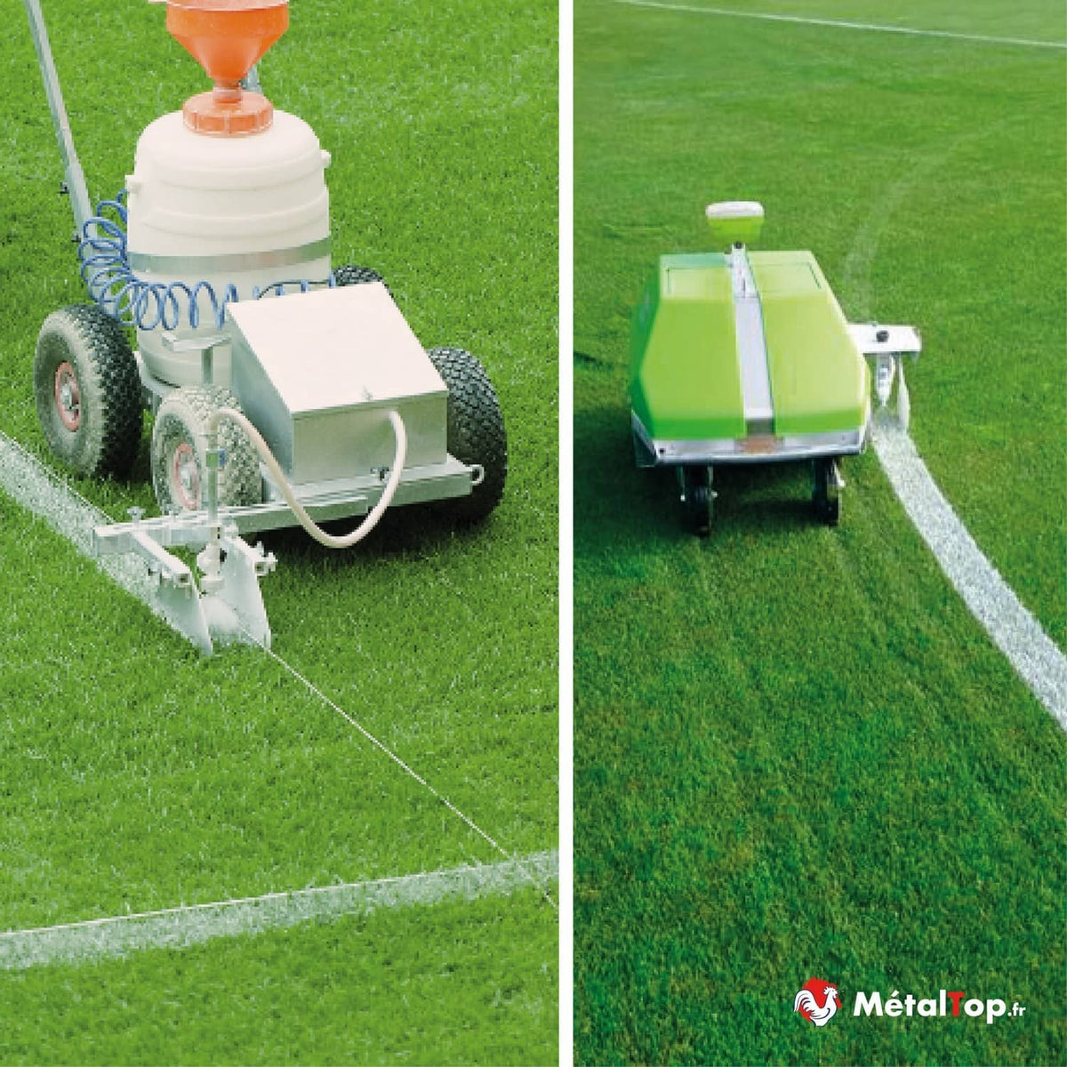 Deux machines de traçage de lignes sur pelouse de stade : un modèle blanc et un modèle vert