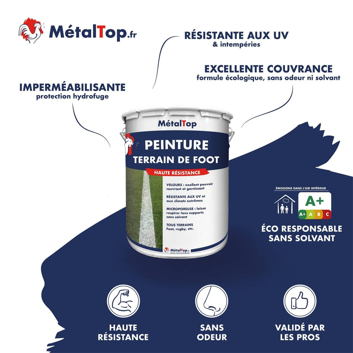 Pot de peinture MétalTop pour terrain de foot haute résistance, ligne blanche sur pelouse