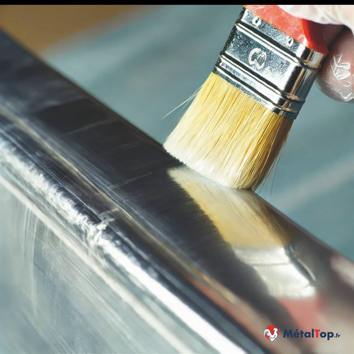 Pinceau appliquant un revêtement sur une pièce métallique brillante avec cordon de soudure
