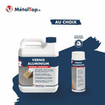 Vernis aluminium incolore antirouille MétalTop en bidon et en bombe aérosol à buse orientable