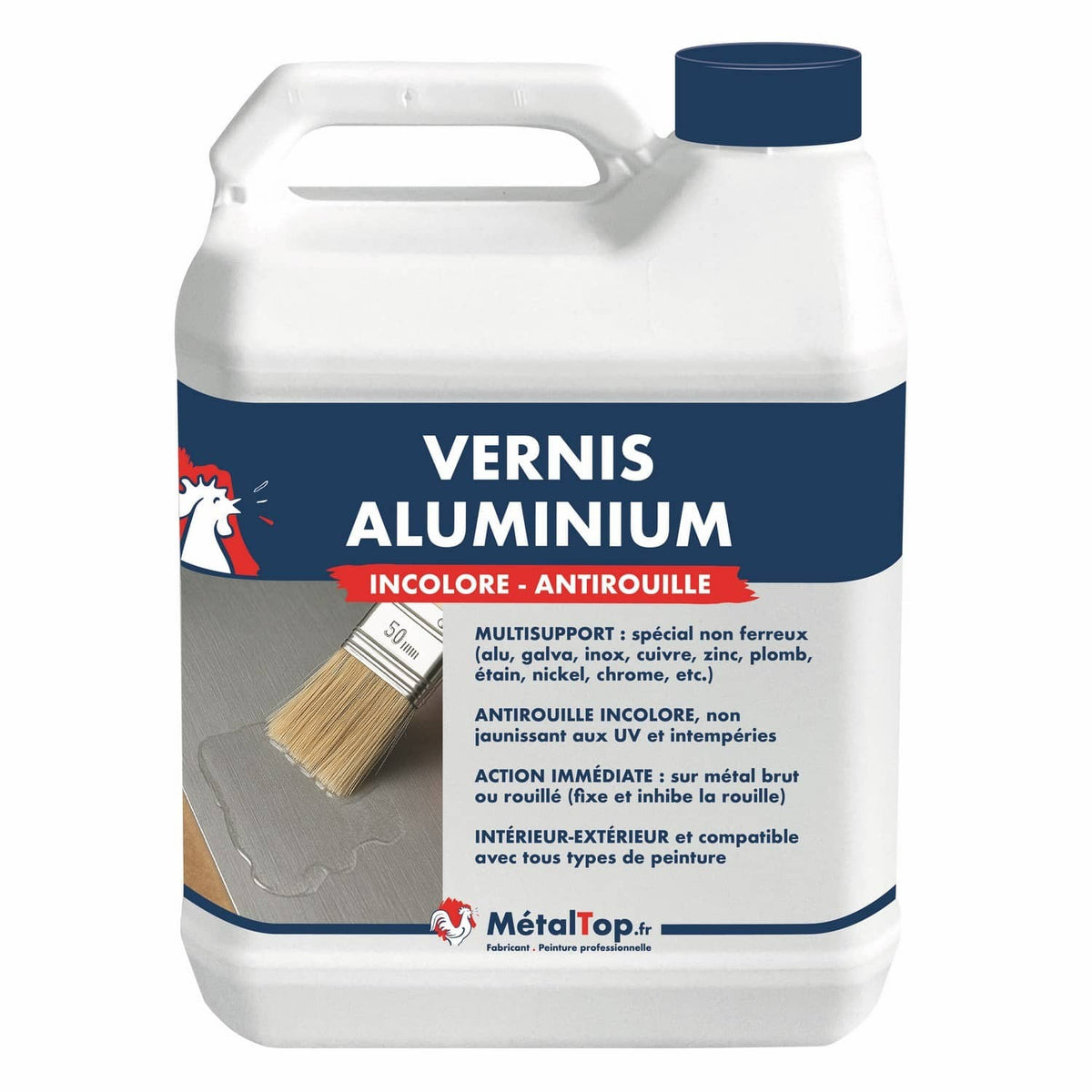 Bidon de vernis aluminium incolore antirouille MétalTop appliqué au pinceau sur une surface métallique