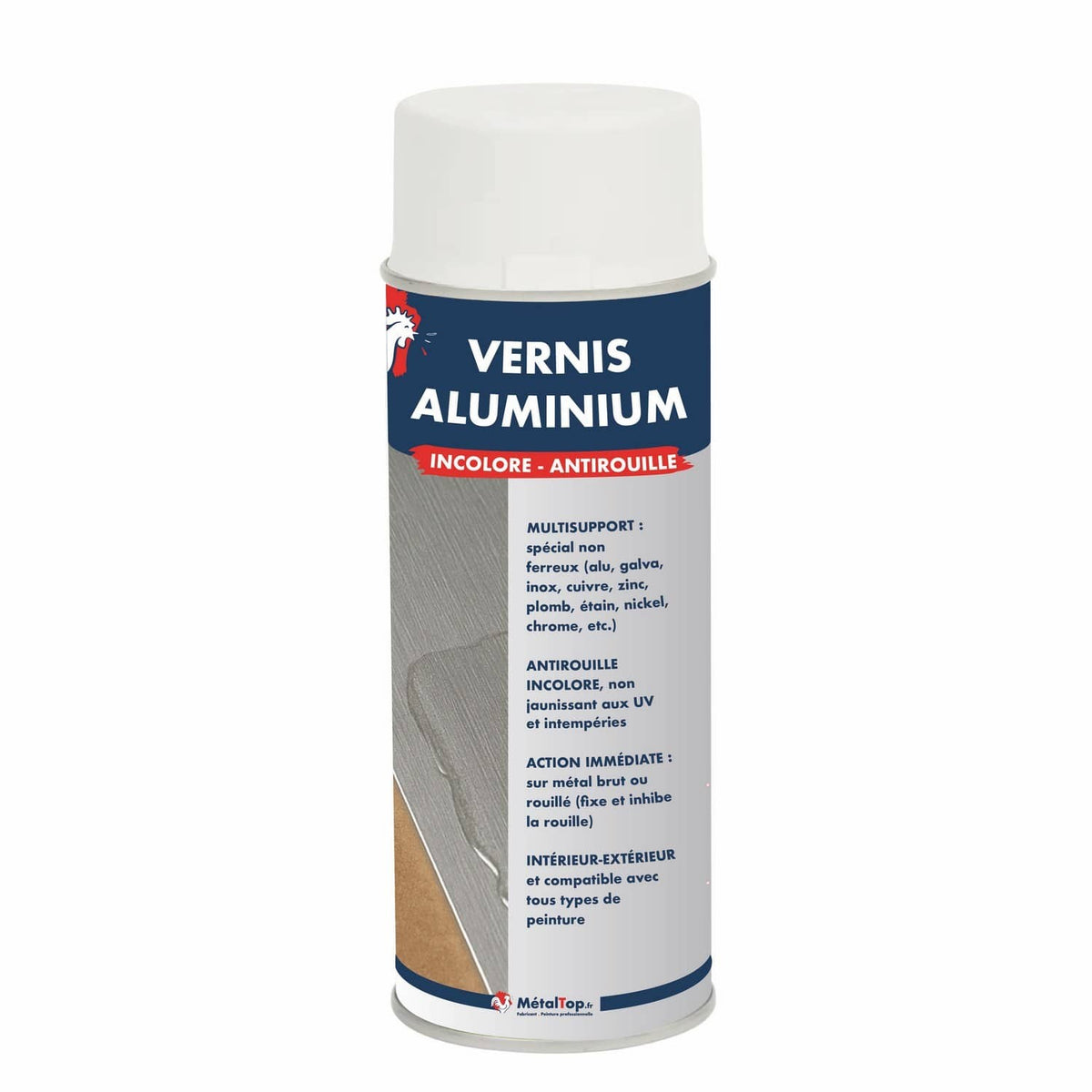 Bombe aérosol Vernis aluminium incolore antirouille MétalTop pour métaux non ferreux