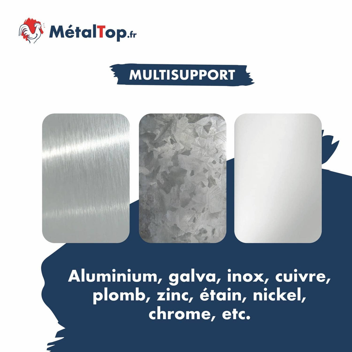 Plaques en aluminium brossé, galva et inox ; gamme multisupport MétalTop