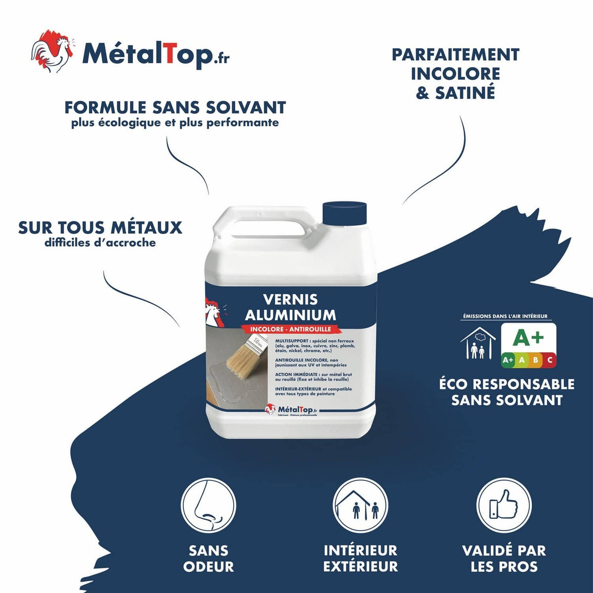 Bidon de vernis aluminium MétalTop incolore et antirouille, formule sans solvant