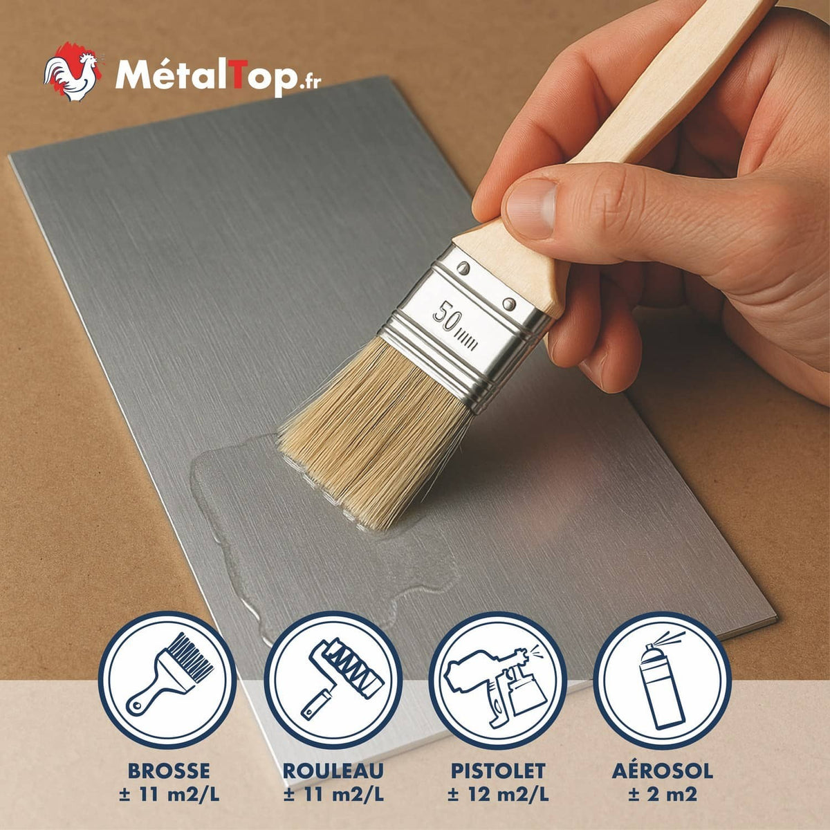 Peinture métallisée grise appliquée à la brosse sur tôle, avec rendements par outil