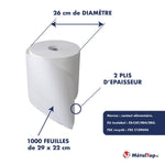 Rouleau de papier blanc, 1000 feuilles de 29 x 22 cm, 2 plis, 26 cm de diamètre