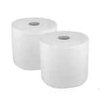 Deux rouleaux de papier essuie-mains blanc texturé à mandrin central, sur fond blanc