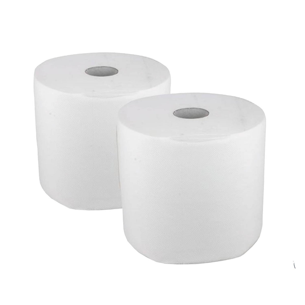 Deux rouleaux de papier essuie-mains blanc texturé à mandrin central, sur fond blanc