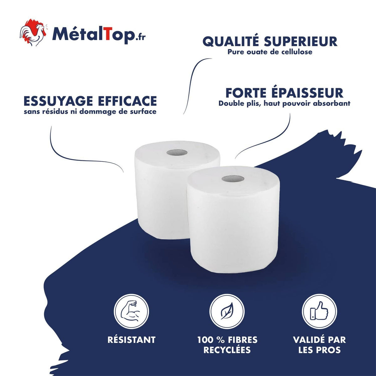 Deux rouleaux de papier essuie-tout blanc MétalTop en ouate de cellulose, double épaisseur