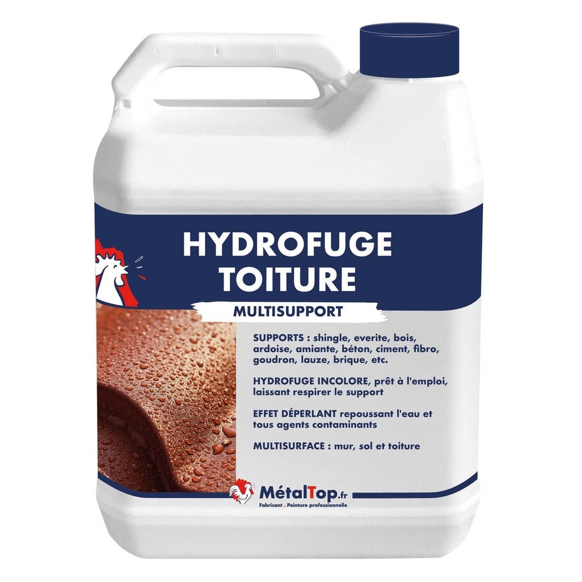 Bidon blanc de hydrofuge toiture multisupport MétalTop, effet déperlant sur tuile