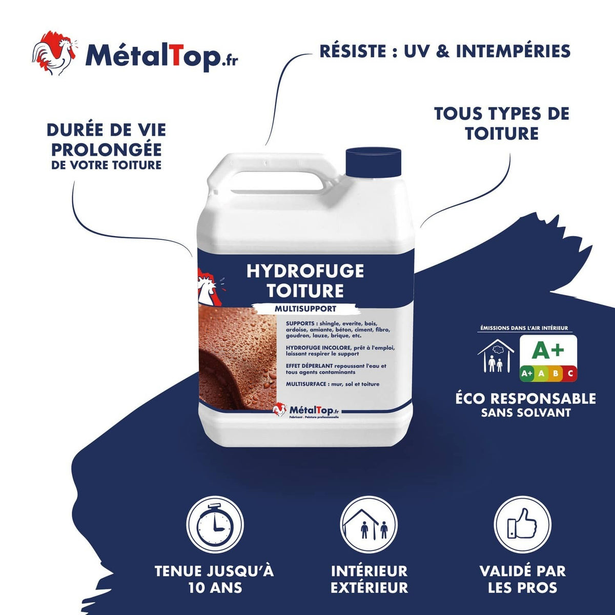Bidon blanc d'hydrofuge toiture MétalTop multisupport, incolore et déperlant, pour toitures