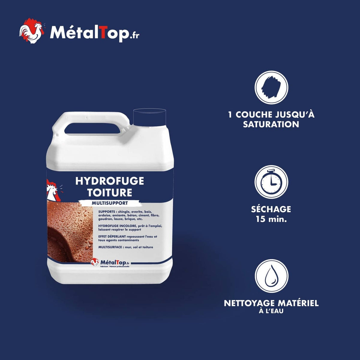 Bidon Hydrofuge Toiture multisupport MétalTop, hydrofuge incolore pour tuiles, ardoise et béton