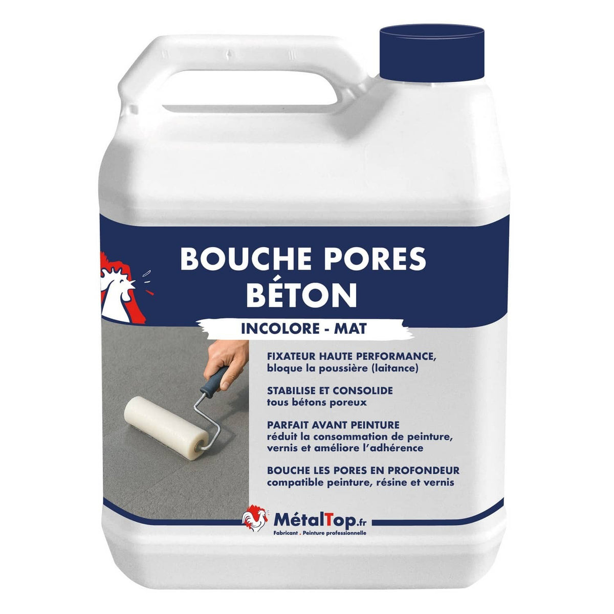 Bidon blanc Bouche Pores Béton MétalTop, incolore mat, fixateur pour béton avant peinture