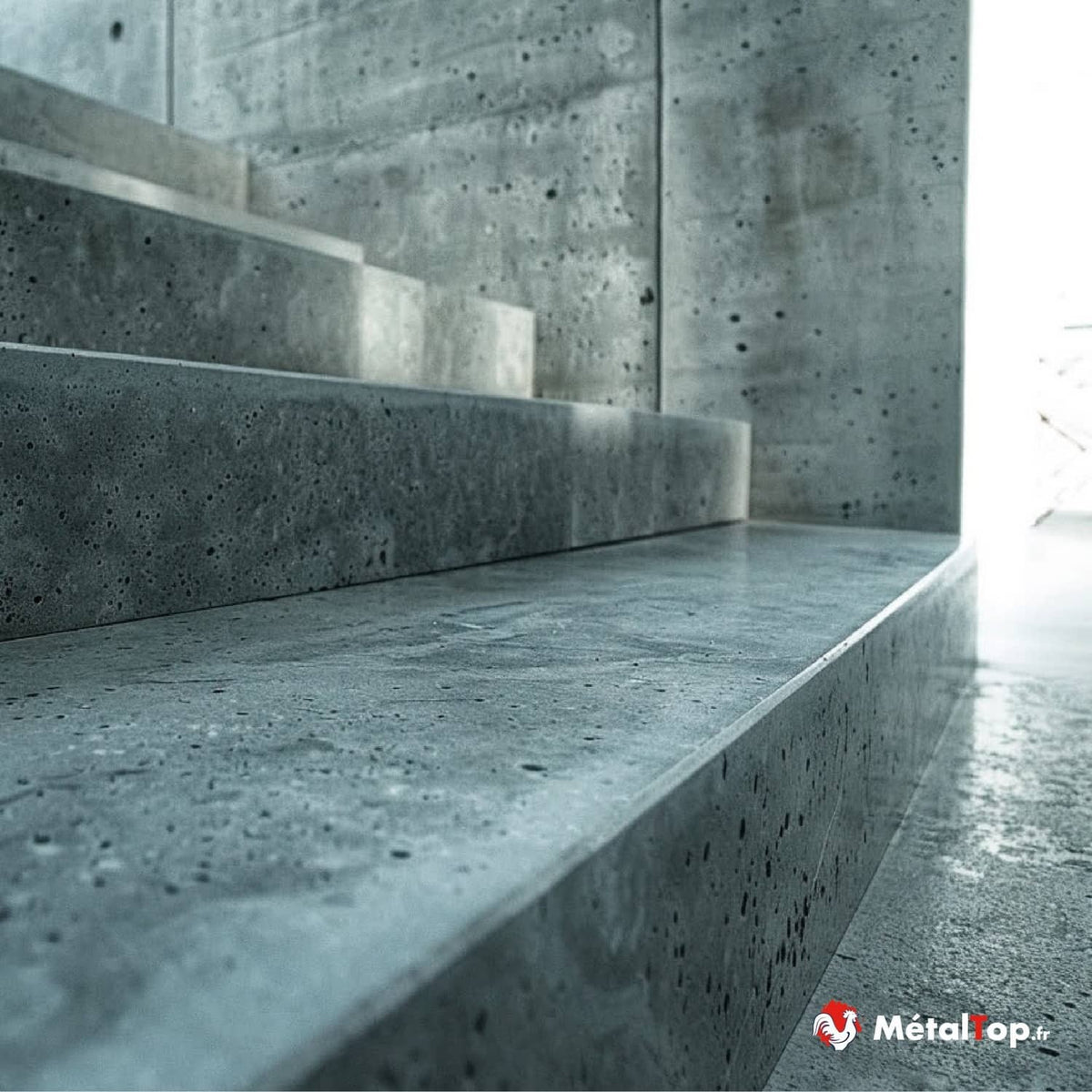 Escalier en béton gris brut aux marches épaisses, le long d'un mur en béton à surface poreuse