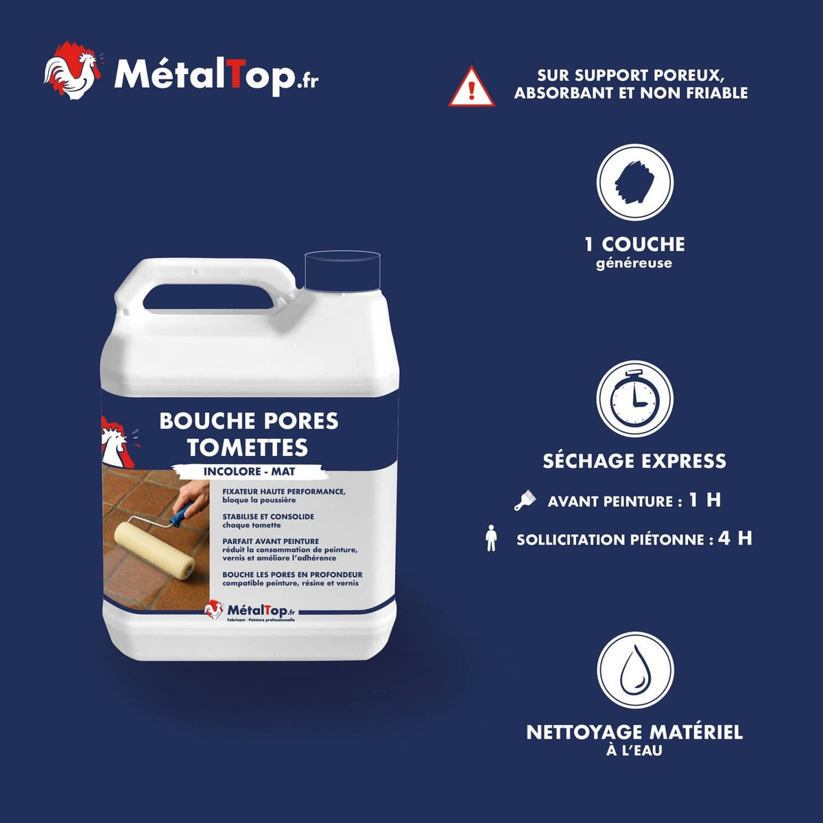Bidon MétalTop Bouche Pores Tomettes incolore mat, fixateur pour tomettes avant peinture