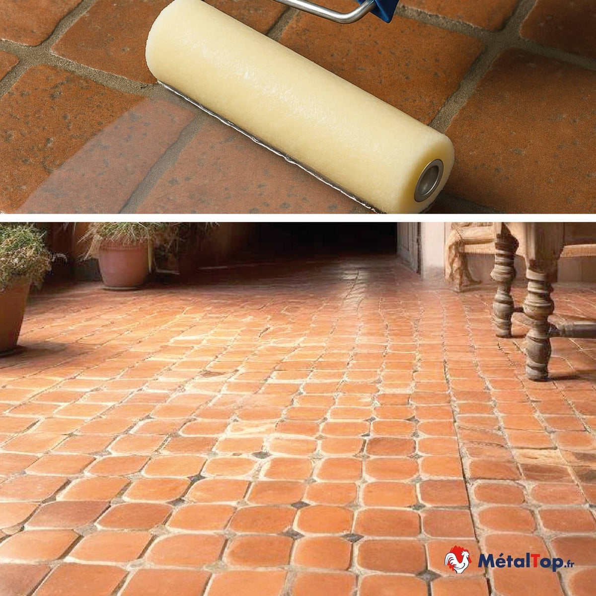 Application au rouleau sur carreaux de terre cuite ; sol en terre cuite ancien dans un couloir