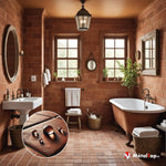 Salle de bain en terre cuite : baignoire ancienne sur pieds, lavabo blanc et carrelage terracotta
