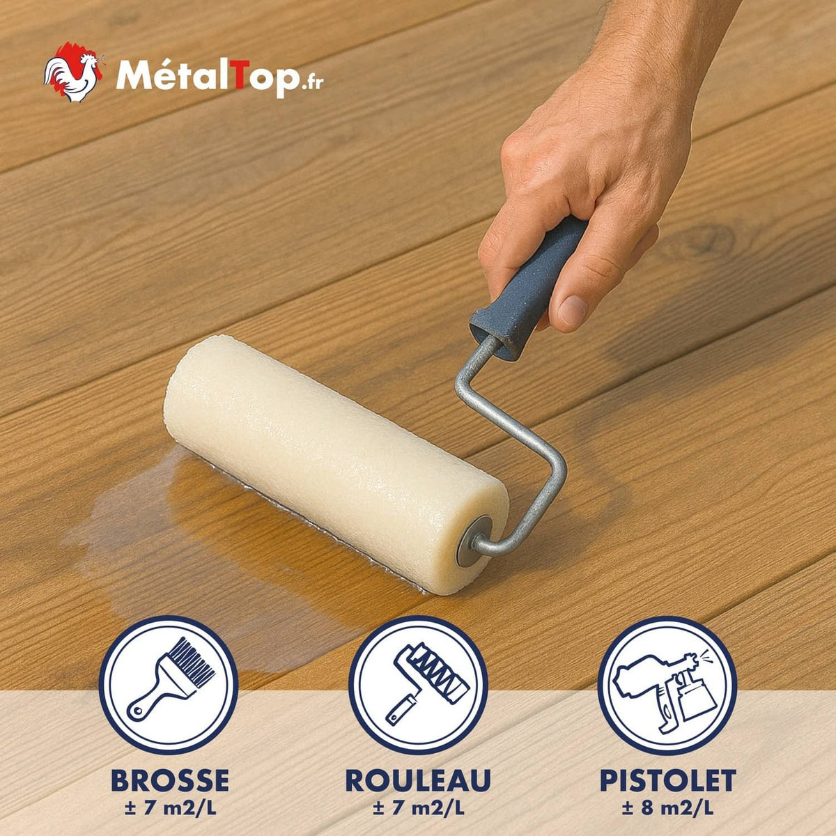 Application de vernis au rouleau sur parquet en bois, avec rendements brosse, rouleau et pistolet