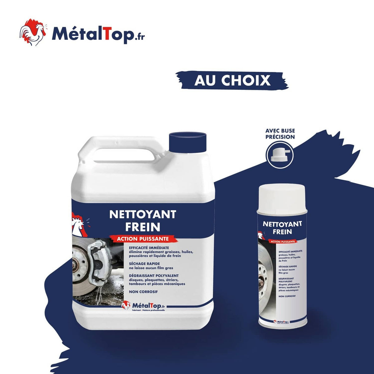 Bidon et spray Nettoyant frein MétalTop, dégraissant pour disques et plaquettes de frein
