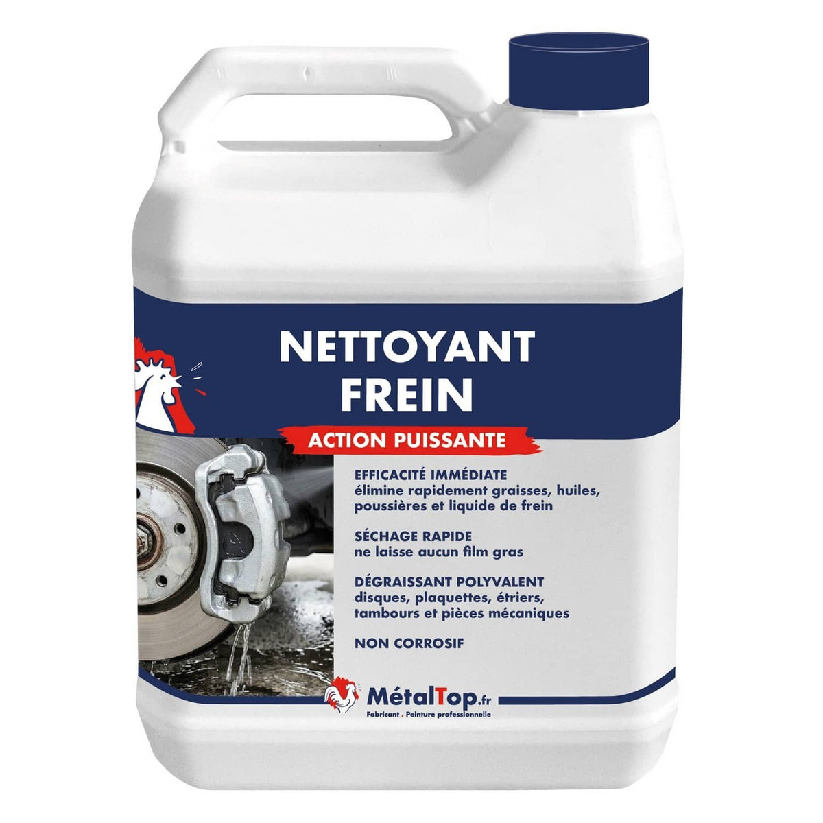 Bidon de nettoyant frein MétalTop à action puissante, illustré par un disque et un étrier de frein