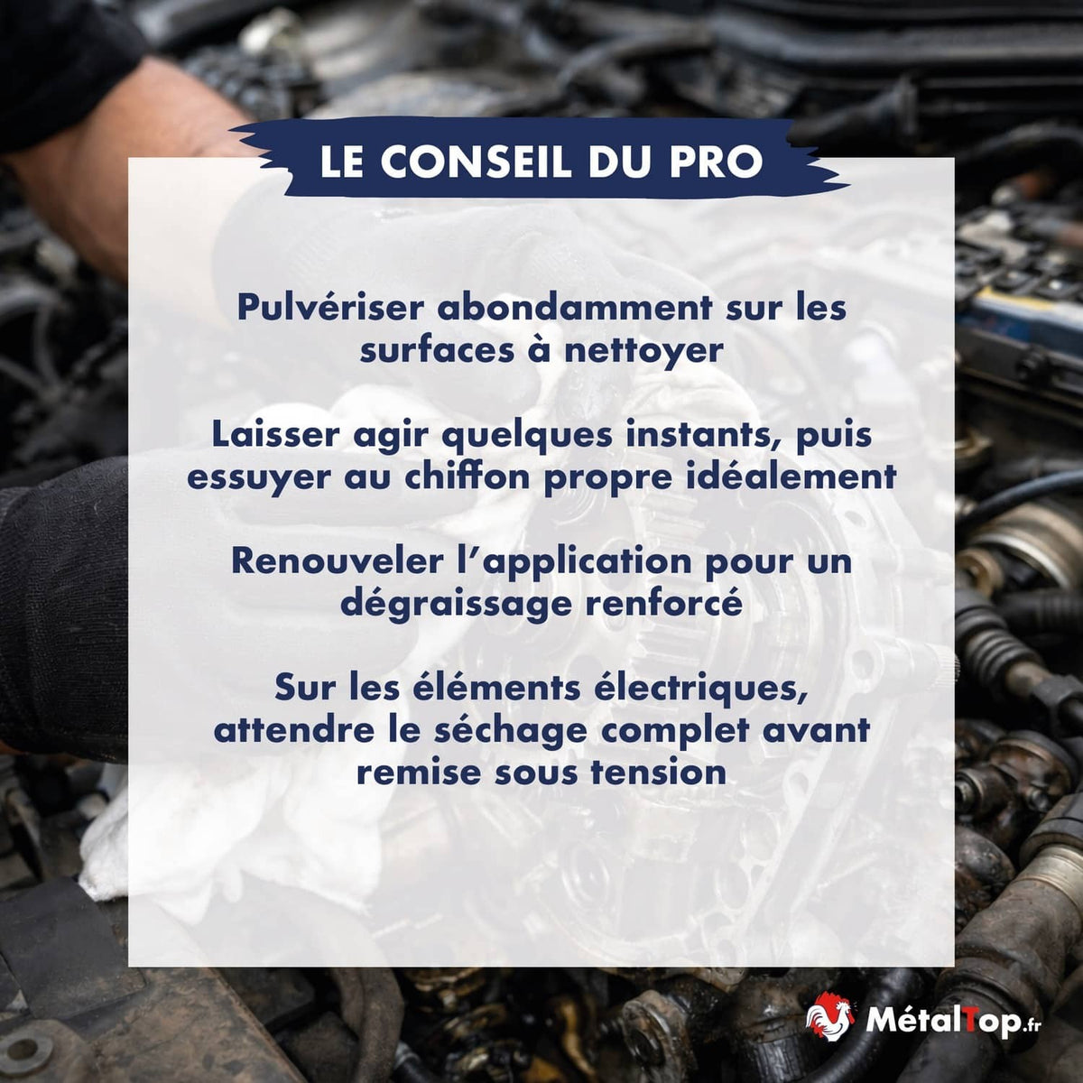 Conseils pro dégraissage moteur : pulvériser, essuyer, sécher avant remise sous tension