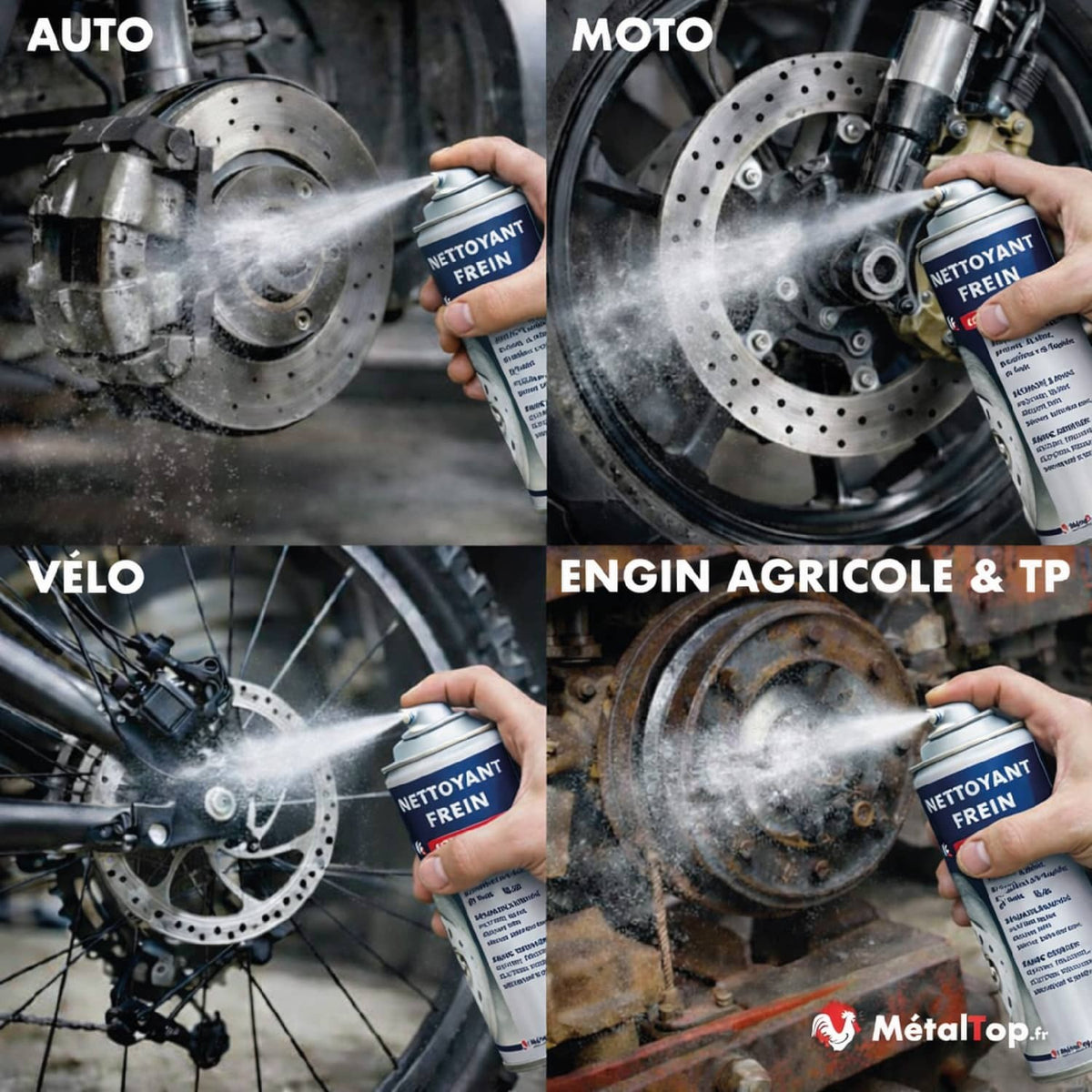 Spray nettoyant frein MétalTop appliqué sur disques de frein auto, moto, vélo et engin agricole