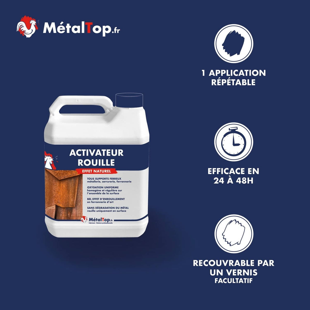 Bidon d'activateur rouille MétalTop effet naturel pour supports ferreux, efficace en 24 à 48h