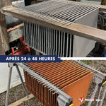 Plaques d'acier gris puis rouillées après 24 à 48 heures, disposées sur des tiges métalliques