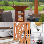 Brasero en acier corten sur terrasse et cloison décorative ajourée dans un intérieur moderne