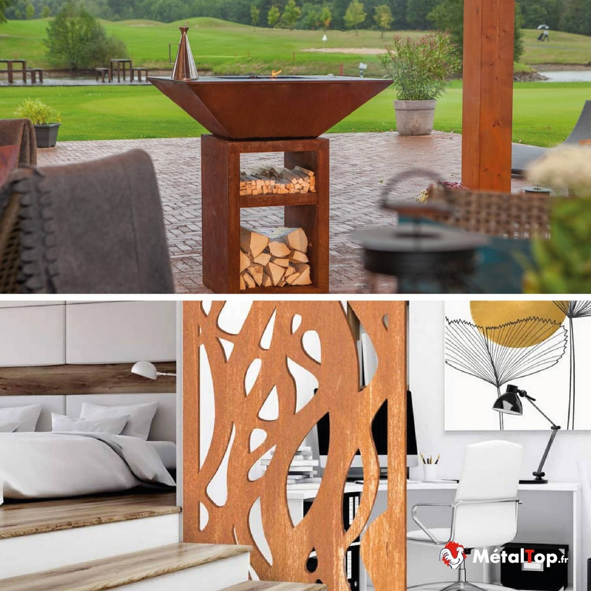 Brasero en acier corten sur terrasse et cloison décorative ajourée dans un intérieur moderne