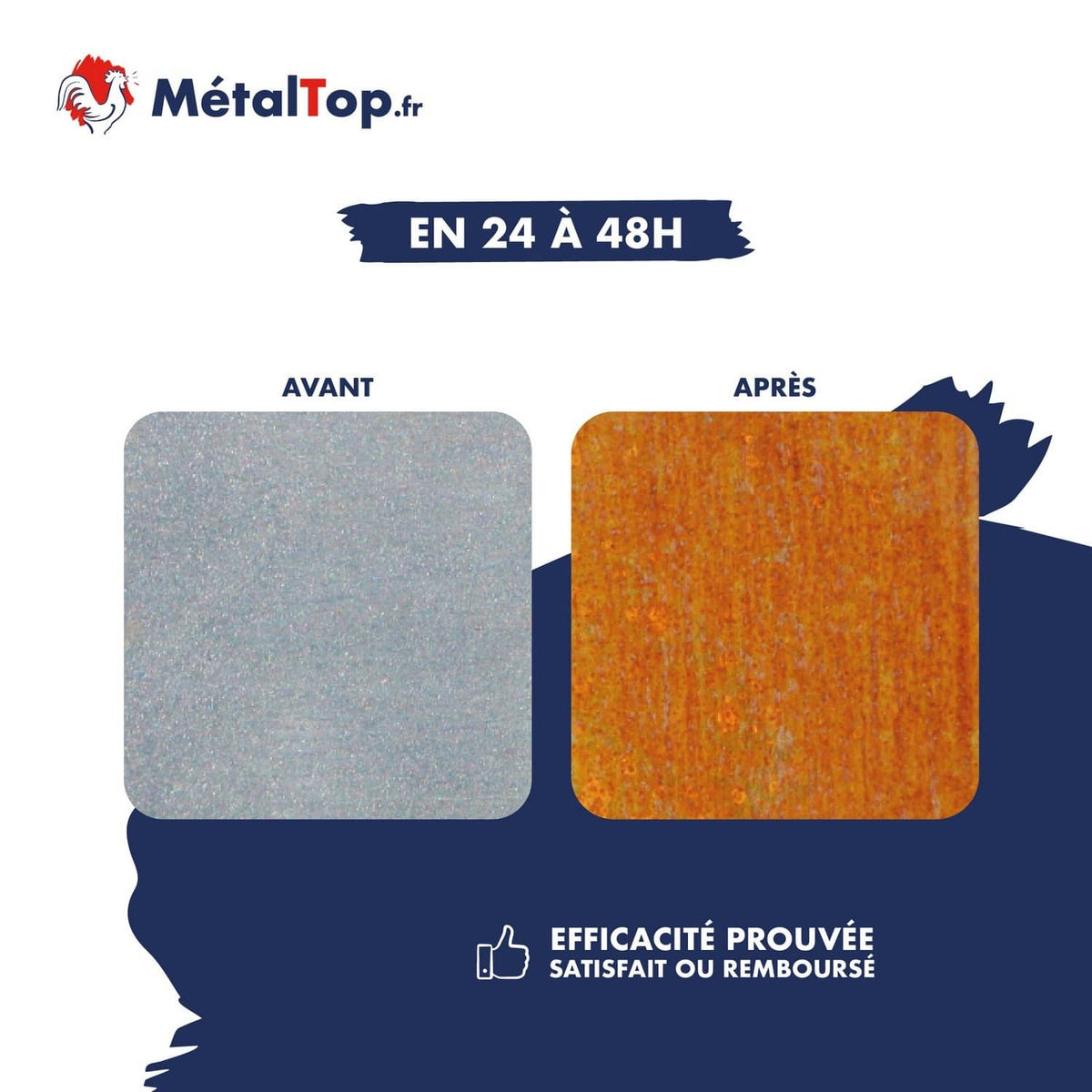 Plaques métalliques avant et après traitement MétalTop : du gris au rouille orangé en 24 à 48h