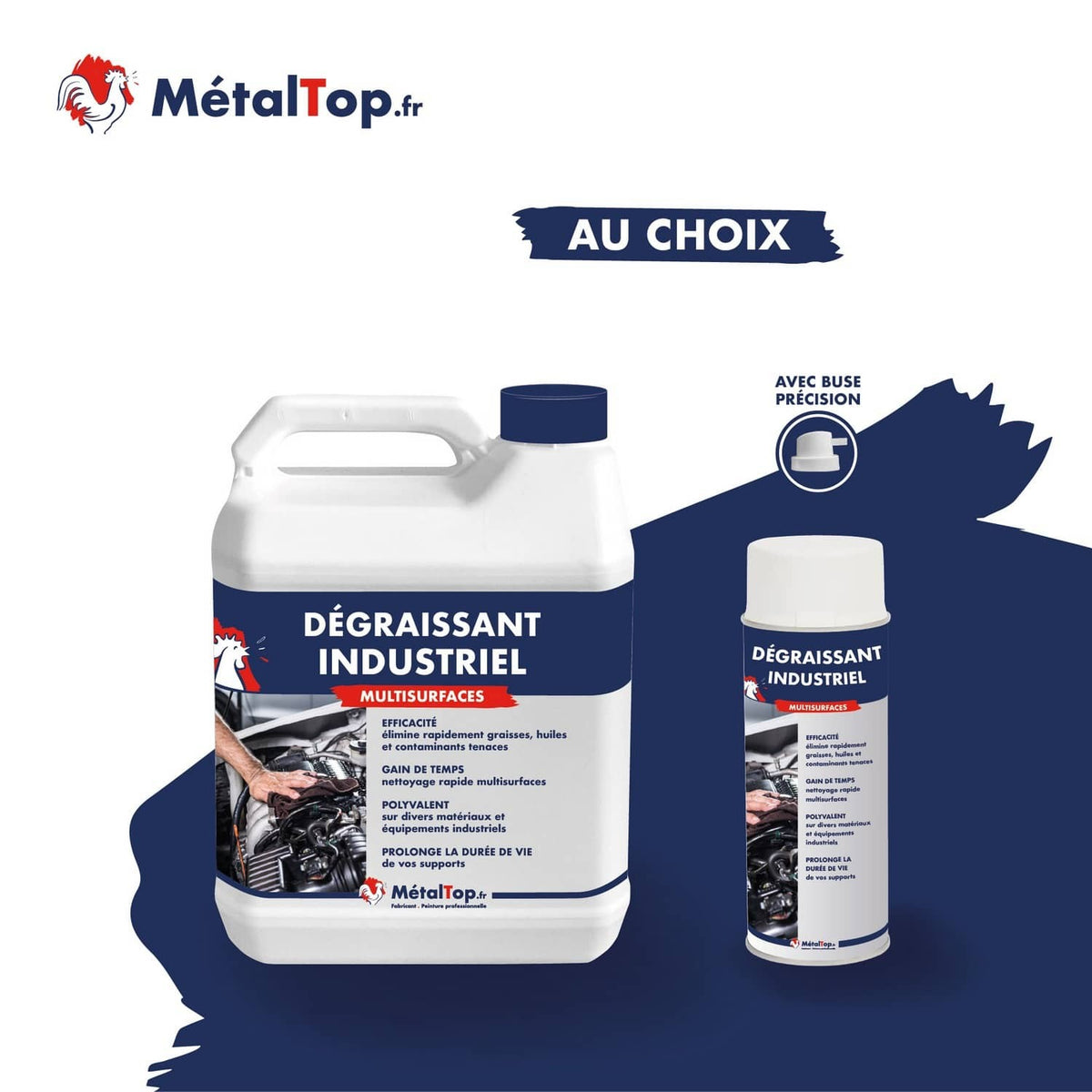 Dégraissant industriel multisurfaces MétalTop en bidon blanc et en spray avec buse précision