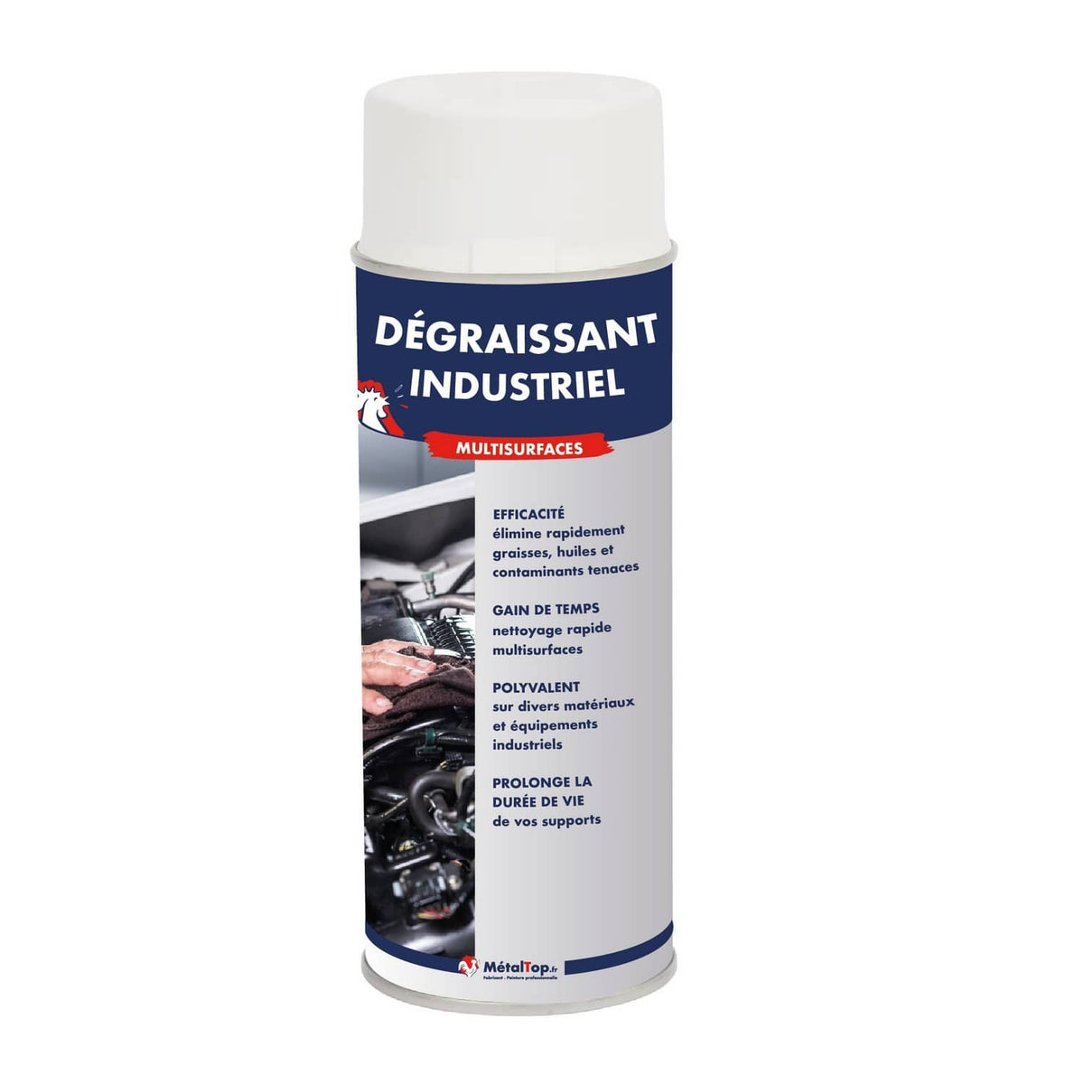 Aérosol de dégraissant industriel multisurfaces MétalTop, utilisé pour nettoyer un moteur