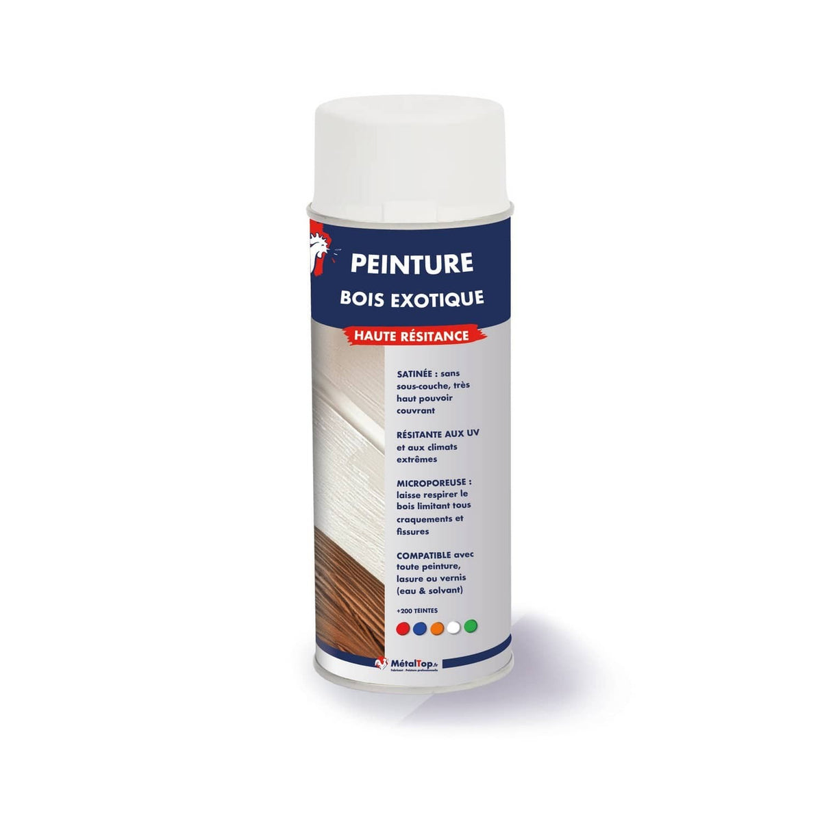 Bombe aérosol de peinture bois exotique haute résistance MétalTop, finition satinée blanche