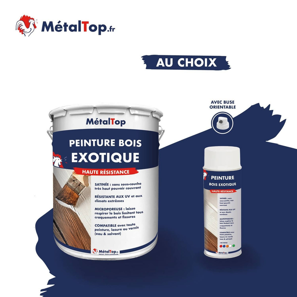 Pot et aérosol de peinture bois exotique MétalTop haute résistance, bleu marine