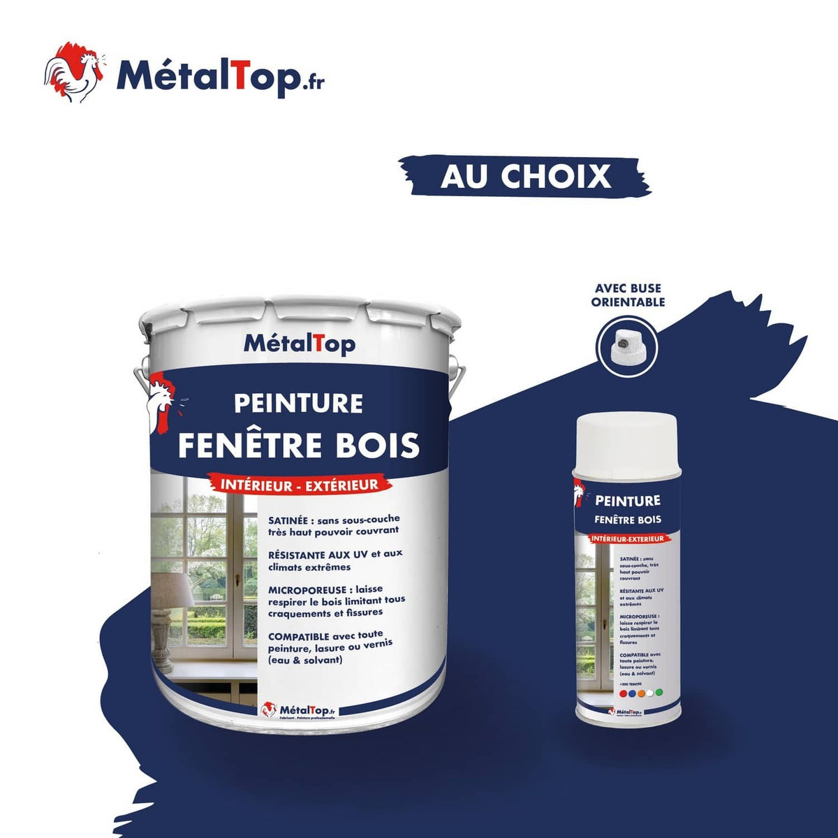 Pot de peinture bleu marine MétalTop Fenêtre Bois et bombe aérosol assortie