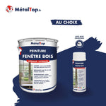 Pot de peinture bleu marine MétalTop Fenêtre Bois et bombe aérosol assortie