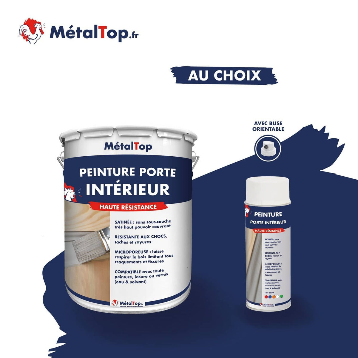 Pot et bombe aérosol de peinture porte intérieur MétalTop haute résistance, bleu marine