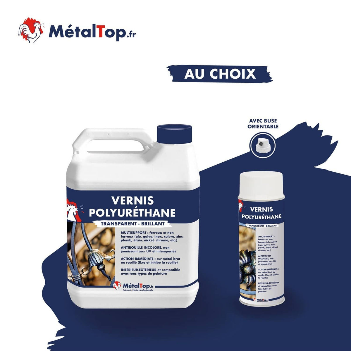 Bidon et aérosol de vernis polyuréthane transparent brillant MétalTop, antirouille incolore