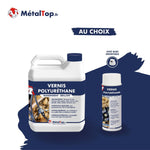 Bidon et aérosol de vernis polyuréthane transparent brillant MétalTop, antirouille incolore