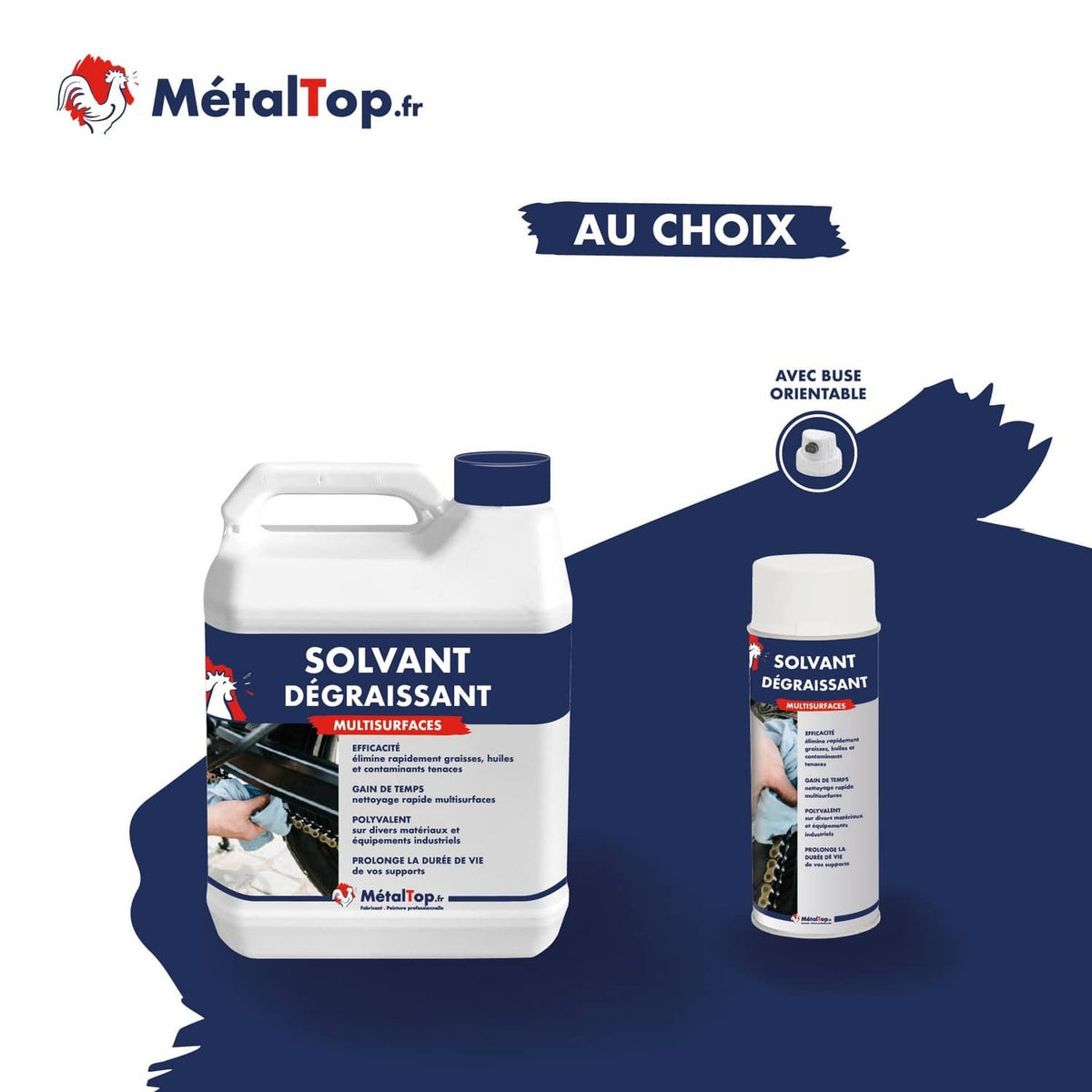 Solvant dégraissant multisurfaces MétalTop en bidon et en aérosol avec buse orientable