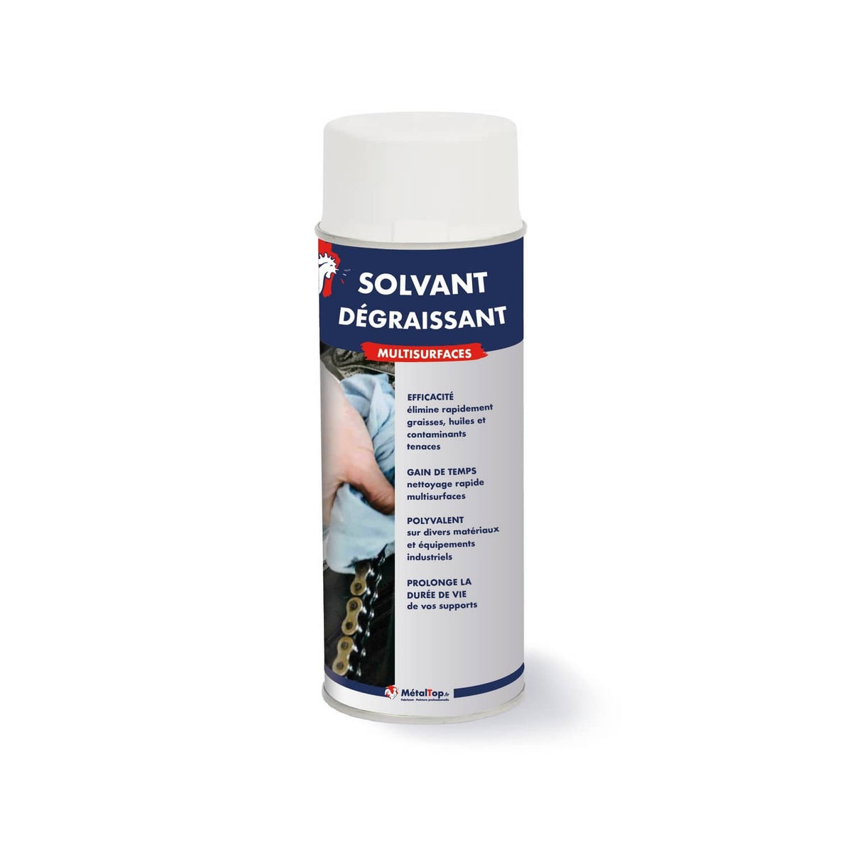 Aérosol de solvant dégraissant multisurfaces MétalTop, étiquette bleue et blanche, sur fond blanc