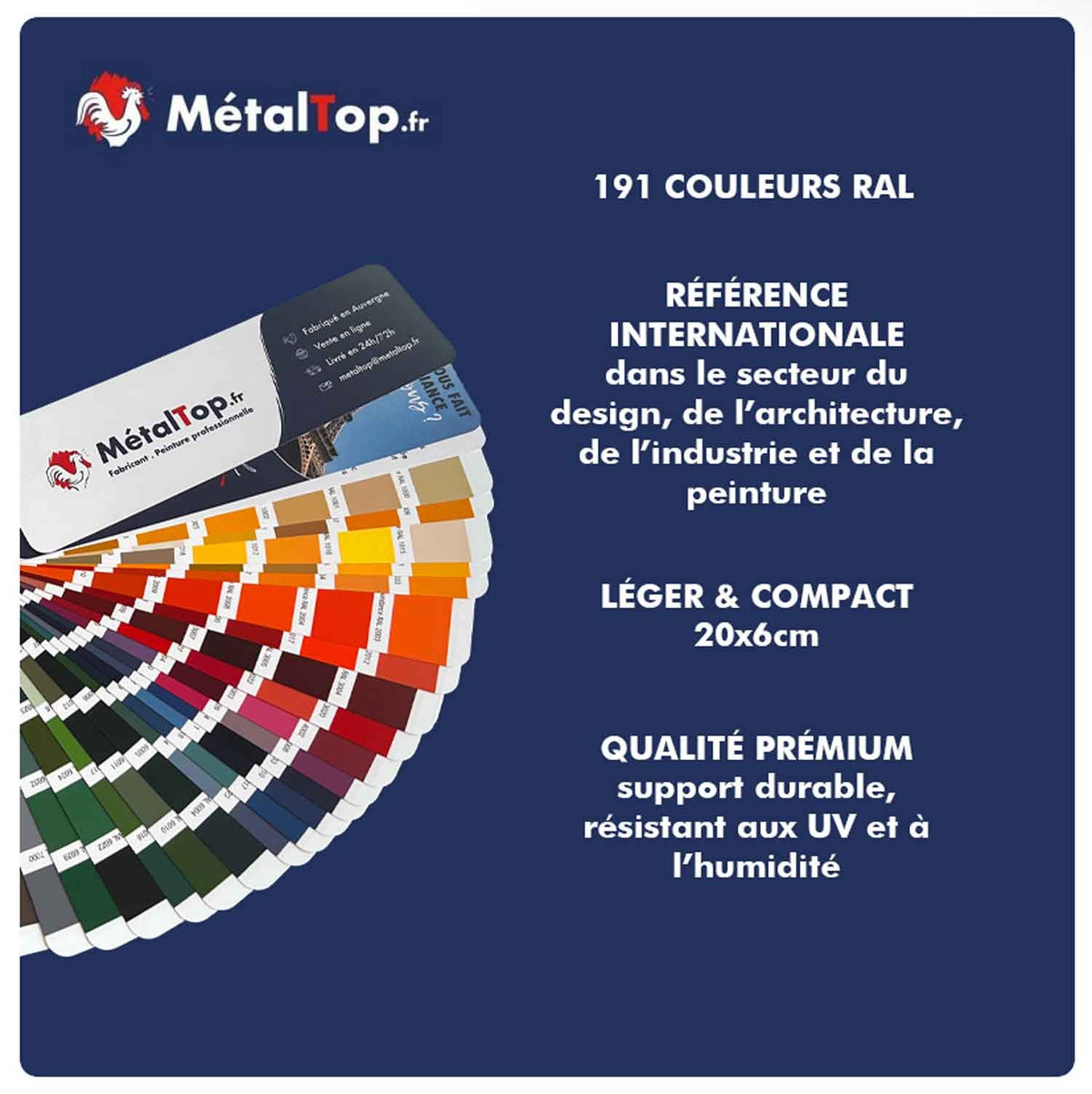 Éventail nuancier MétalTop de 191 couleurs RAL sur fond bleu marine