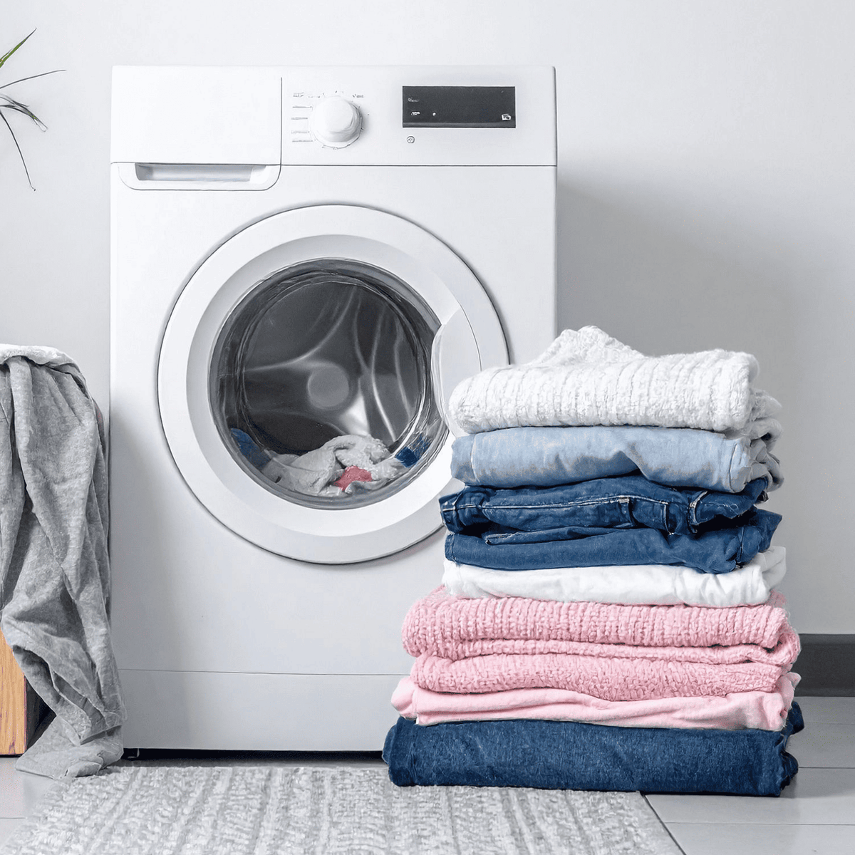 Lave-linge blanc à hublot et pile de vêtements pliés : pulls blancs, jeans bleus et tissus roses