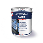 Pot de peinture antirouille acier MétalTop satiné-mat, sur fond de charpente métallique