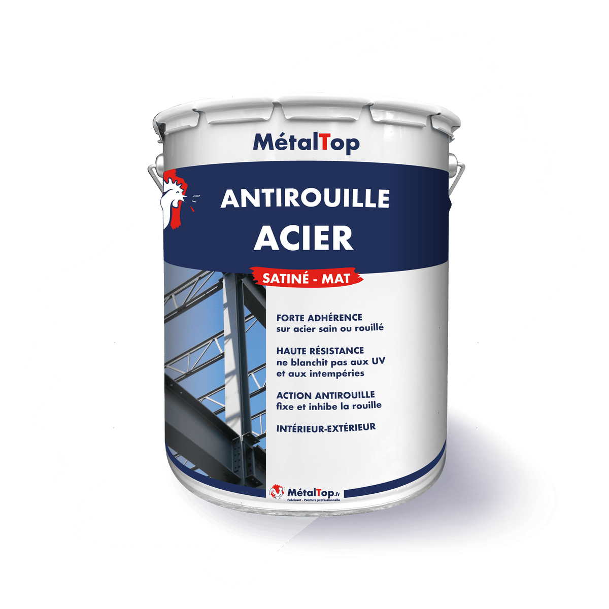 Pot de peinture antirouille acier MétalTop satiné-mat, sur fond de charpente métallique