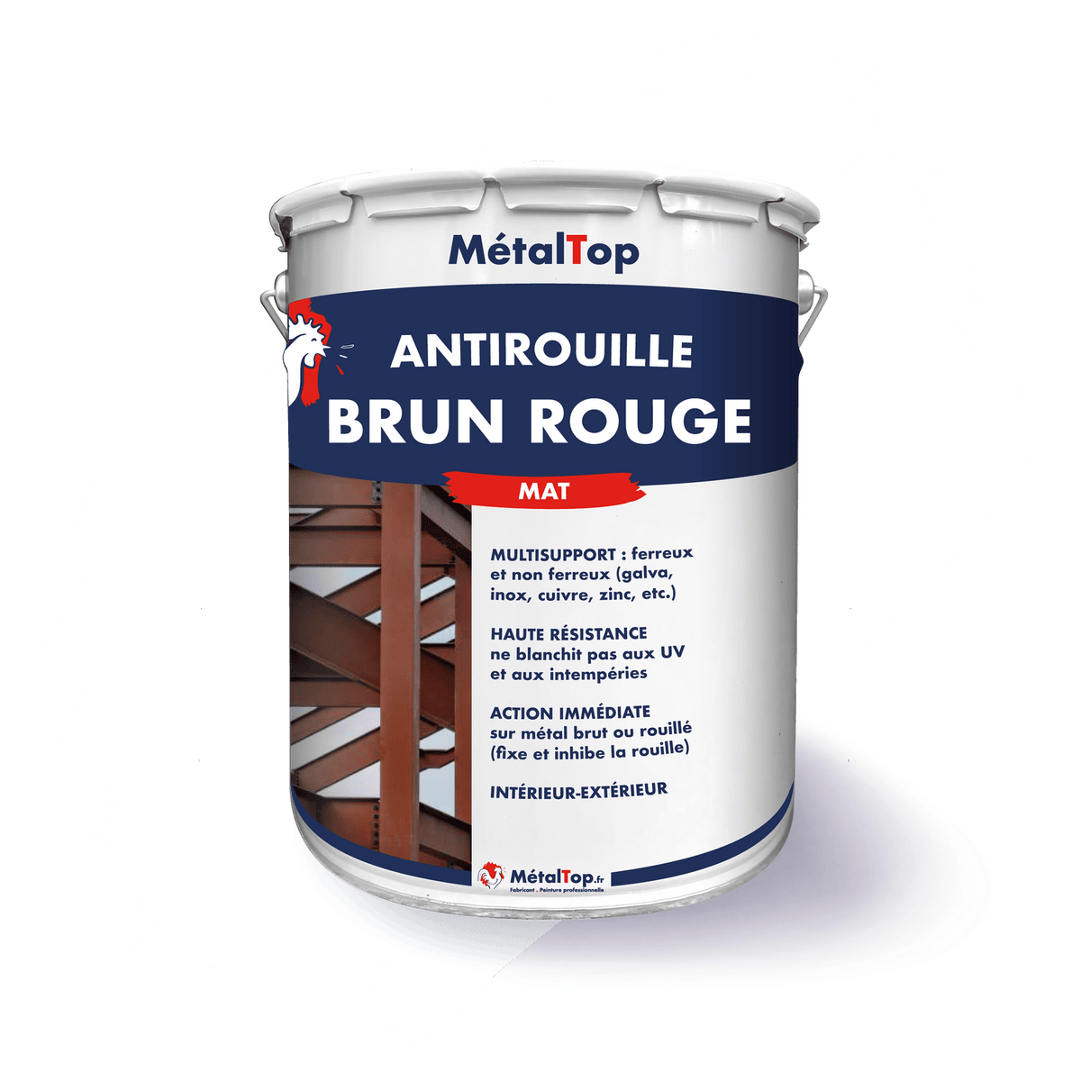 Pot de peinture antirouille brun rouge mat MétalTop devant une charpente en acier peinte