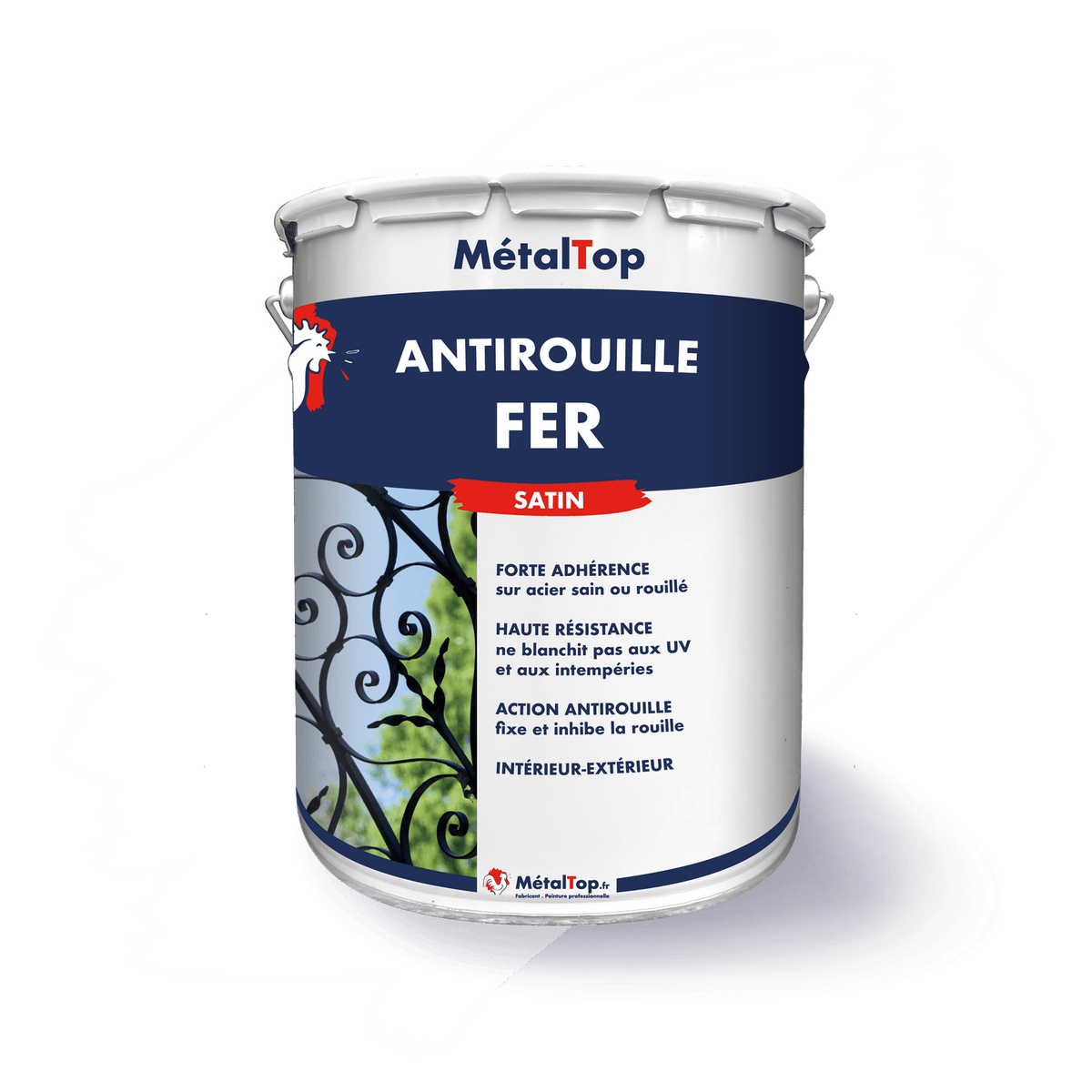 Pot de peinture Antirouille Fer MétalTop finition satin, sur fond d'une grille en fer forgé