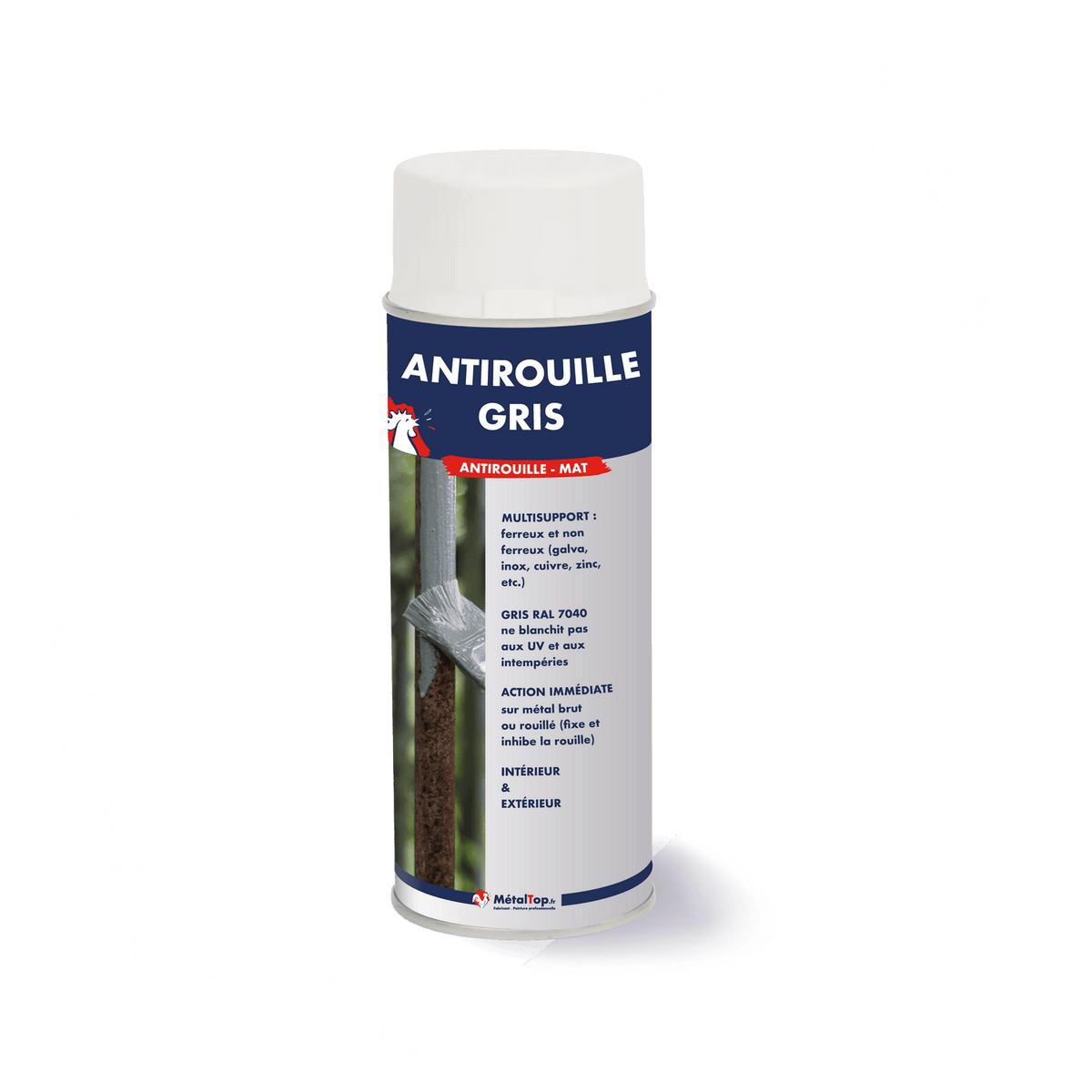 Aérosol antirouille gris mat MétalTop RAL 7040 pour métal ferreux et non ferreux